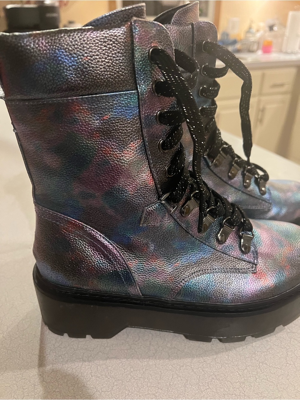 Sam Edelman Iridescent Blue-Purple Combat Platform Boots